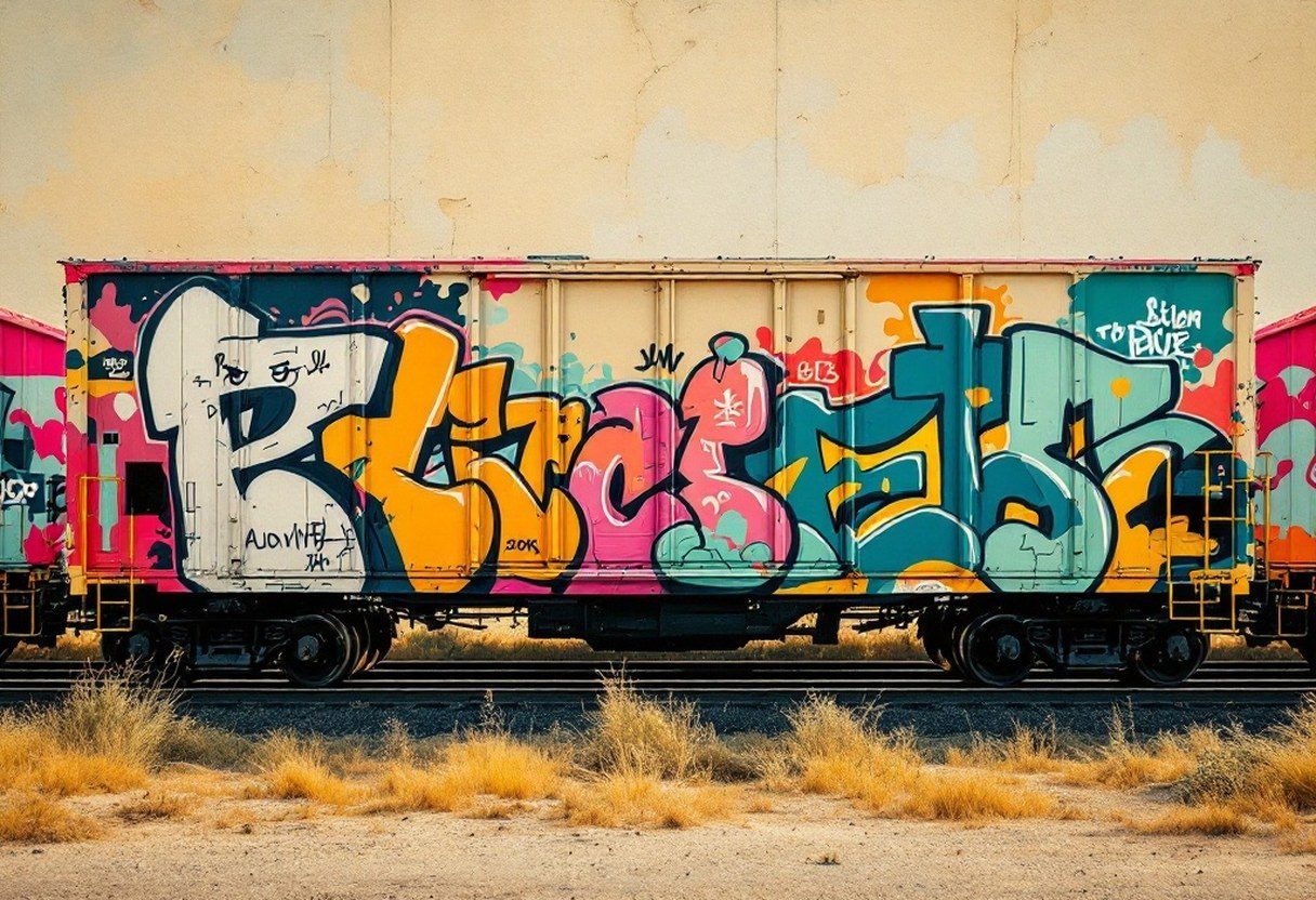A vibrantly painted freight train covered in large-scale graffiti pieces in multiple colors, photographed in an urban rail yard