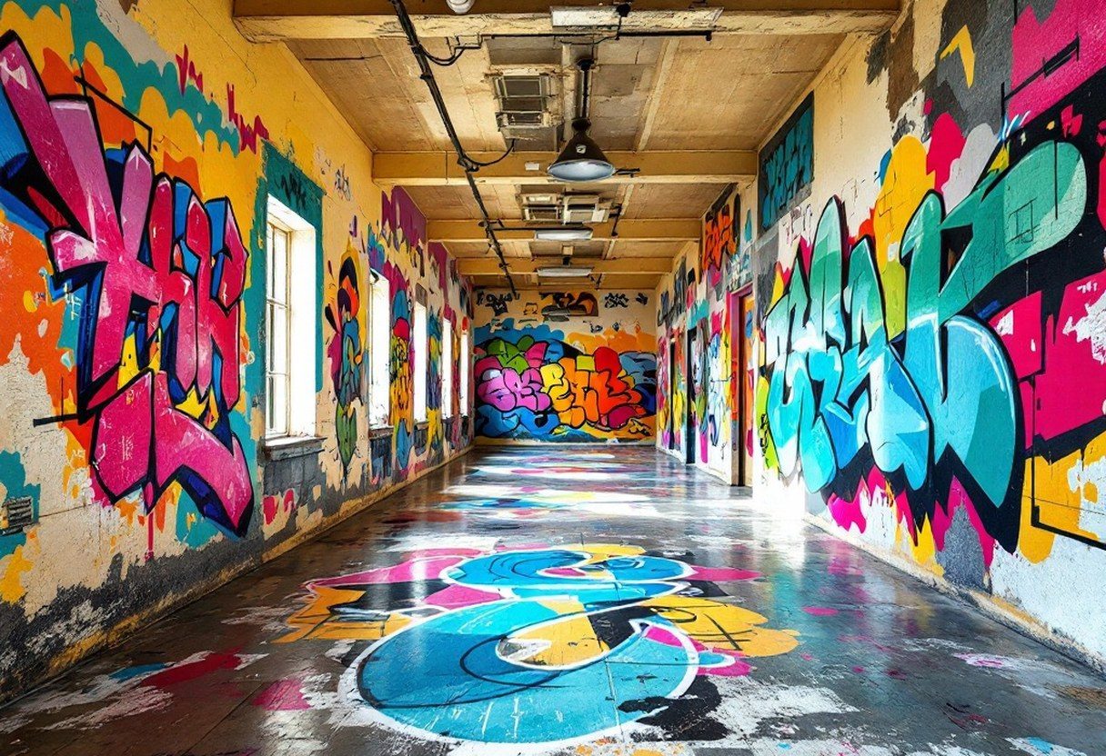 A wide indoor mural hall with floor-to-ceiling graffiti murals in bold colors covering every surface, painted by multiple artists