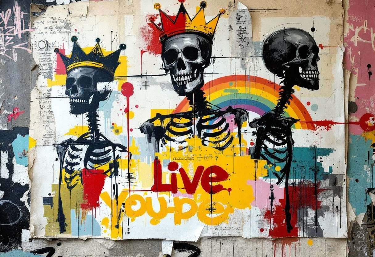 Bold neo-expressionist painted canvas featuring crowns, text fragments, and skeletal figures in black, red, and yellow