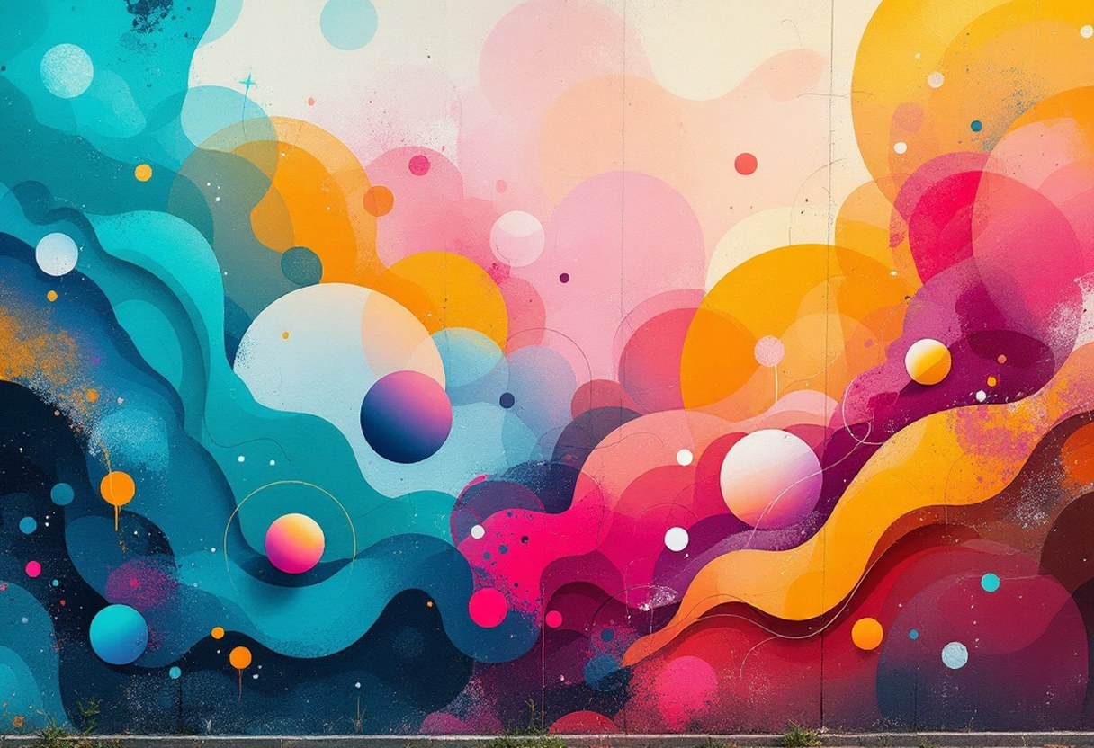 Abstract atmospheric street mural with layered cosmic shapes and spray-paint gradients on a urban wall