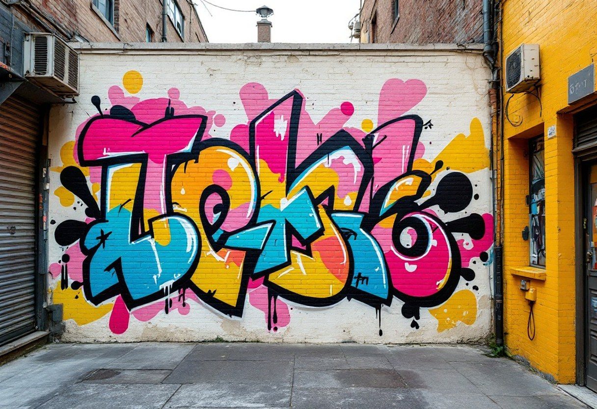 A vibrant mural covering a full brick wall in an urban alley, photographed from street level with no identifiable faces