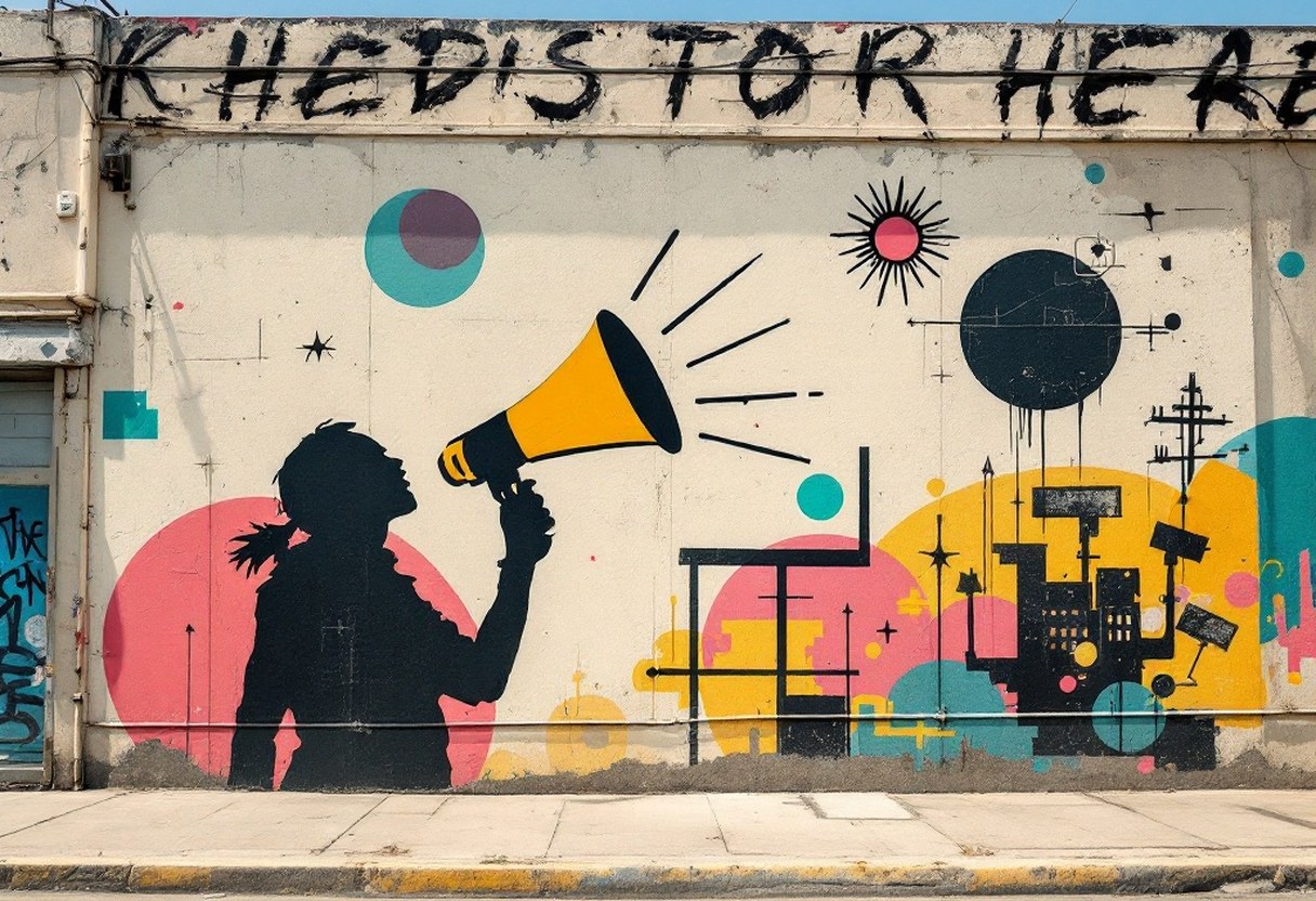 A large-scale stencil mural on a weathered urban wall depicting a silhouetted figure holding a megaphone, surrounded by abstract symbols of resistance