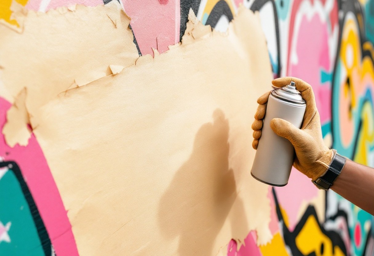 A close-up of a gloved hand holding a spray can in front of a colorful, large-scale mural on an urban wall