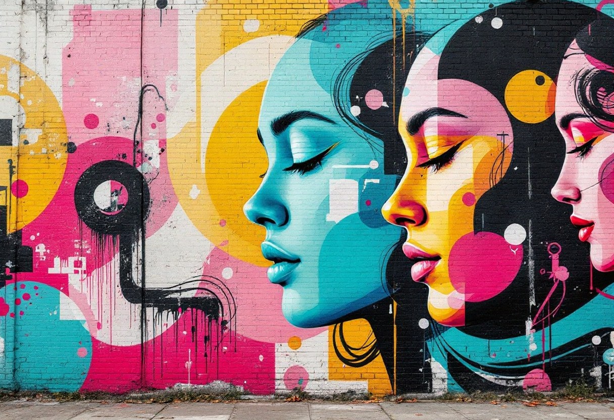 A large-scale graffiti mural on an urban brick wall blending abstract figures with vivid gradient colors