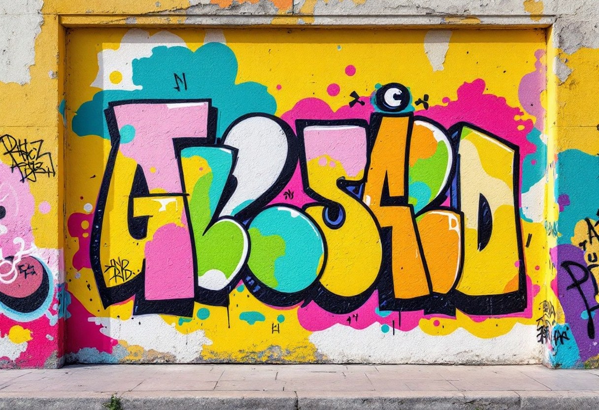 Colourful layered graffiti on a urban wall showing tags, throw-ups, and a detailed multicolour piece side by side