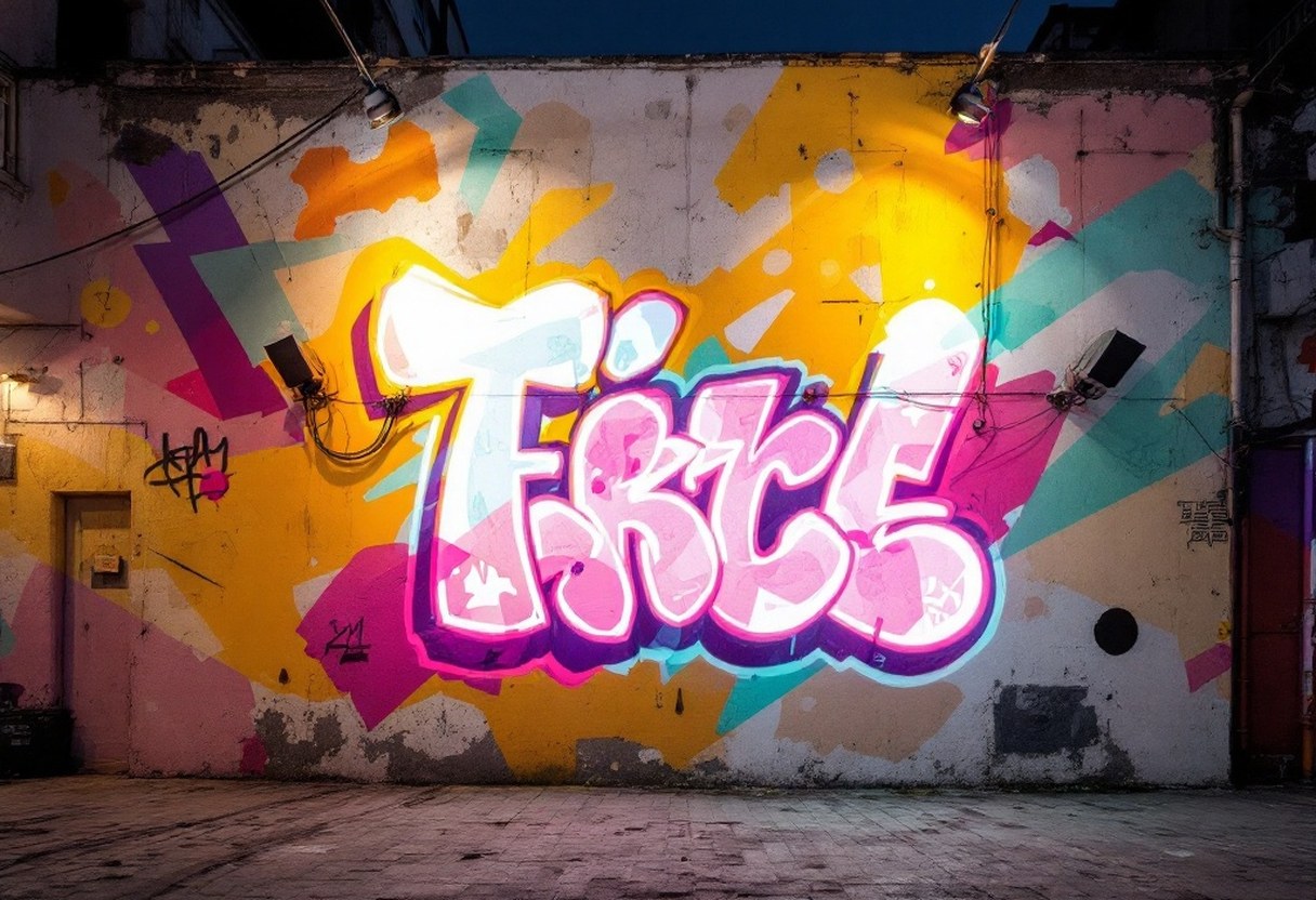A projector casting large-scale light-based street art onto the facade of an urban building at night