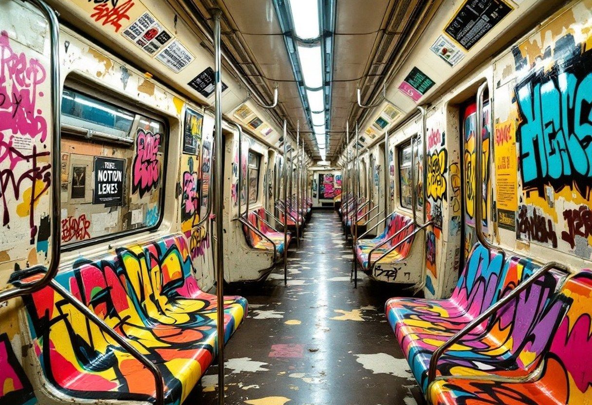 A New York City subway car covered top-to-bottom in colorful graffiti pieces, photographed in a tunnel during the 1970s