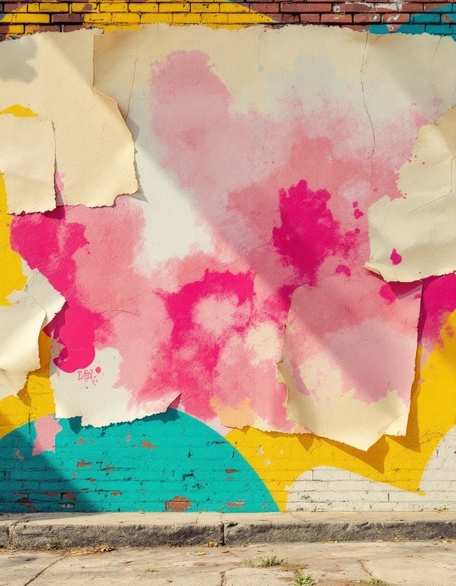 Sun-bleached wall mural in pink, yellow and teal on weathered brick