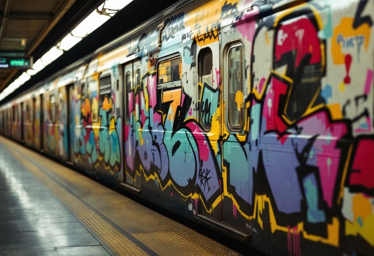 1970s New York subway car covered in colourful graffiti throw-ups