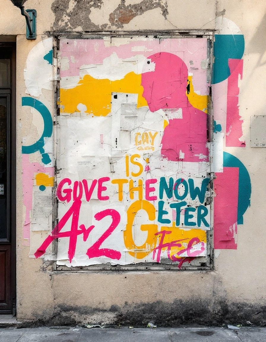 Layered wheat-paste posters and stencil art on a city wall in pink and yellow