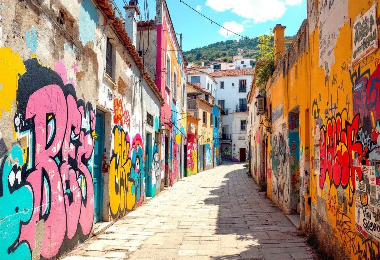 Narrow laneway with walls covered in colorful murals under a row of rooftops