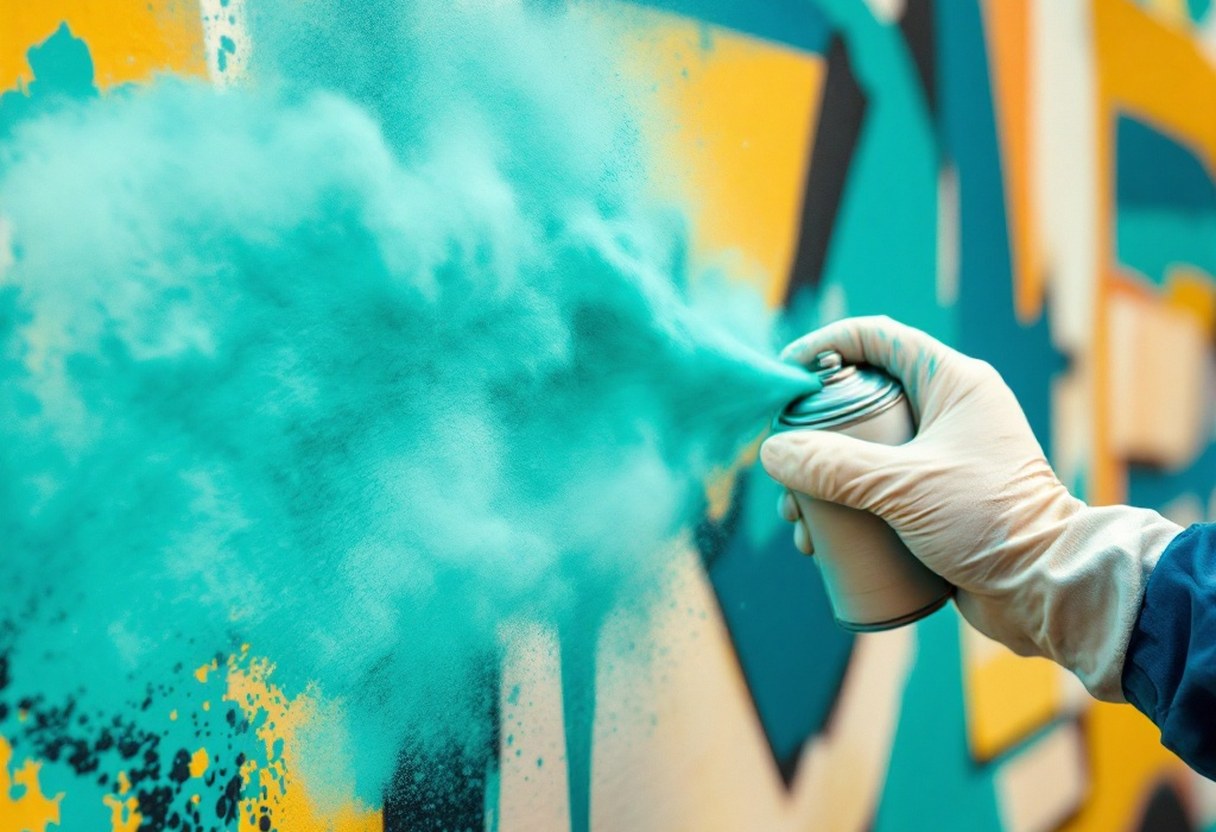 Close-up of a gloved hand spraying teal paint mist onto a half-finished letterform