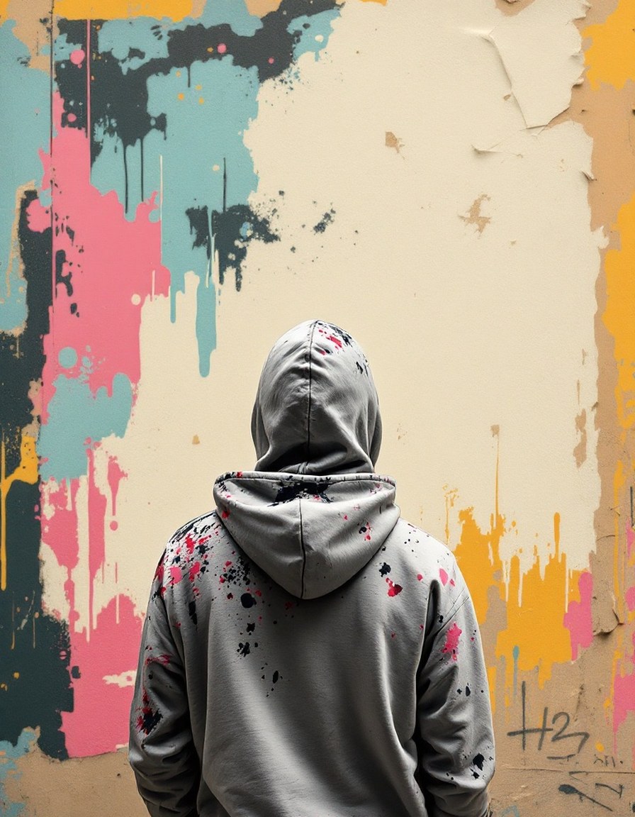 Author portrait: person in a paint-flecked hoodie seen from behind, facing a half-finished mural, face not visible