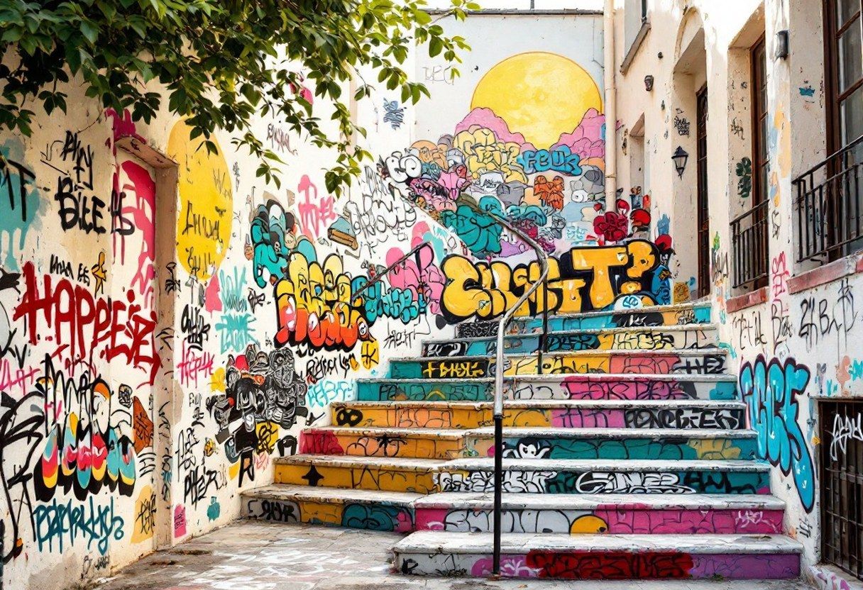 Intricate spray-painted illustrations covering an outdoor staircase, transforming functional architecture into immersive street art