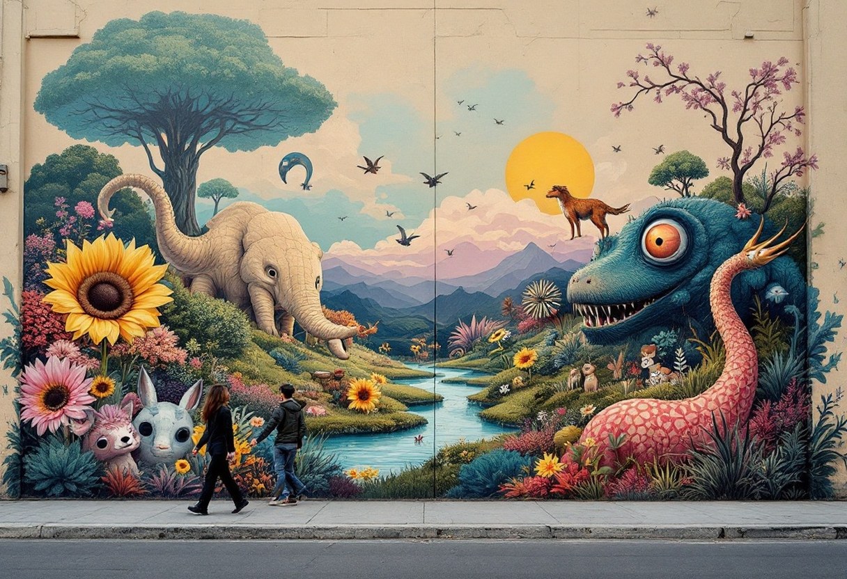 A large-scale surreal mural featuring fantastical animals and lush imaginary landscapes painted on an urban wall