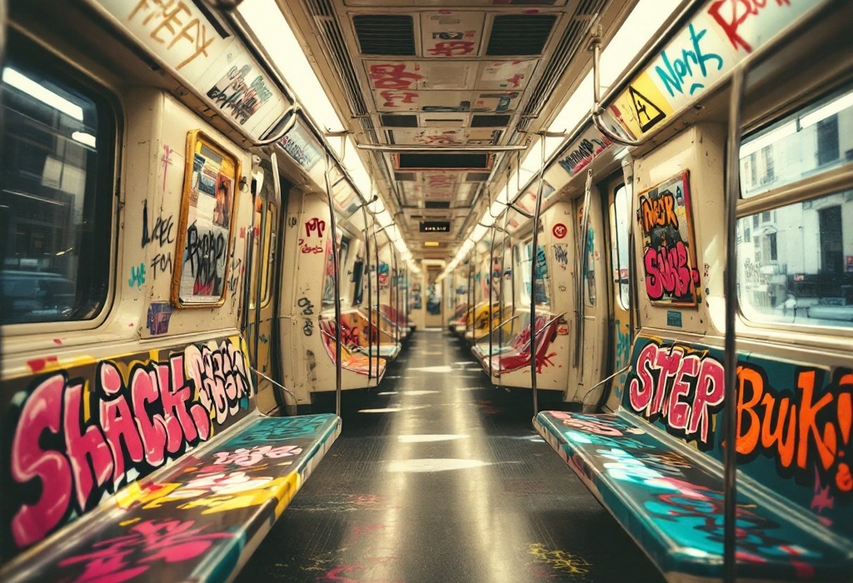 A New York subway car covered in bold, colorful graffiti throw-ups and tags in the style of 1970s and 1980s NYC writers