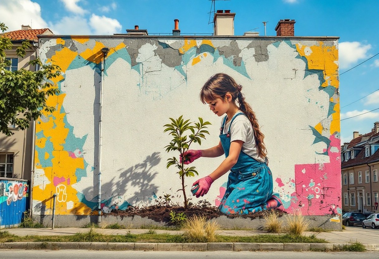 A full-height building mural in Poland depicting a girl watering a real tree growing at the base of the wall