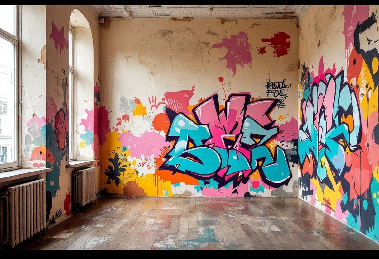 Interior of a Parisian street art gallery with large-scale murals covering floor-to-ceiling walls in vibrant colors