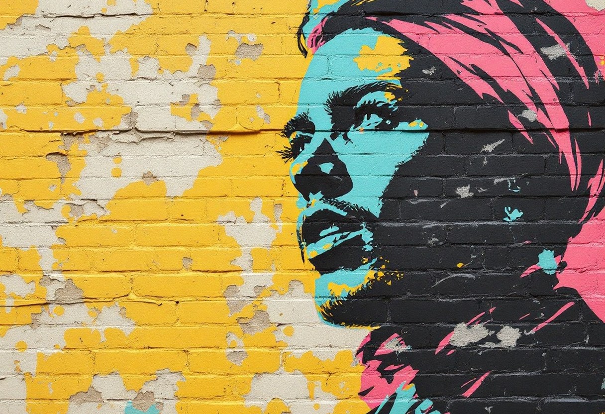 Close-up of a carefully executed stencil protest mural on a brick wall, showing layered colours and a precise political message