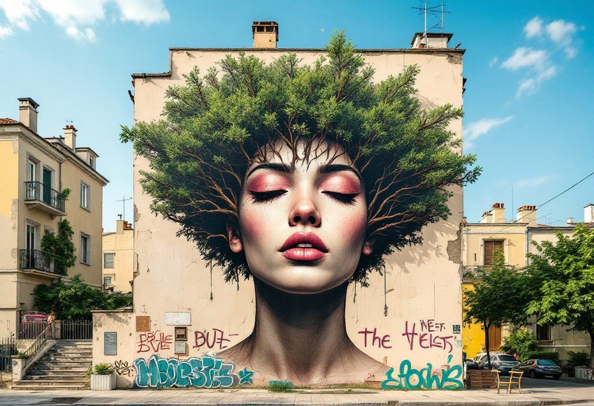 A large-scale mural on a building exterior showing a human face integrated with real trees serving as hair