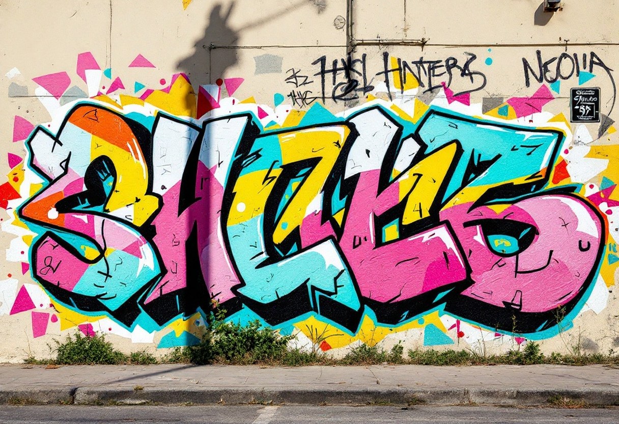 A colorful graffiti mural covering a large urban wall, featuring layered lettering and character work in multiple vivid colors