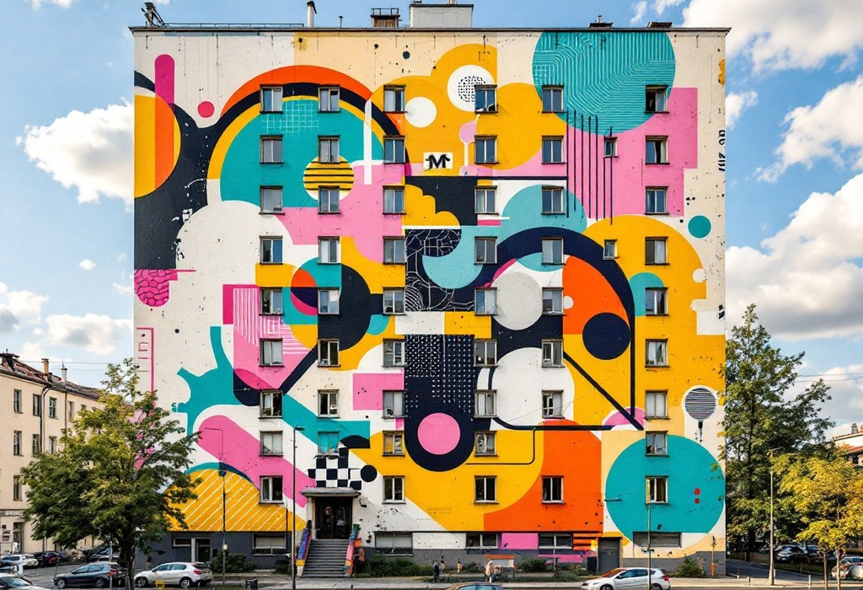 A massive multi-story mural painted across the side of a residential building in Łódź, Poland, featuring bold geometric shapes and vivid primary colors